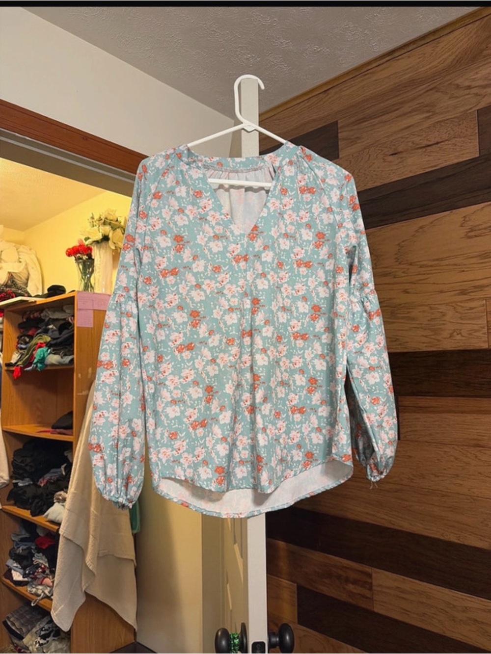 Floral V-Neck Long Sleeve Blouse in Light Blue and Coral